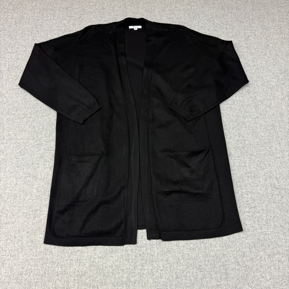 89th + Madison Cardigan 2X Black Open Front Ribbed Panel Longline Pocket Sweater